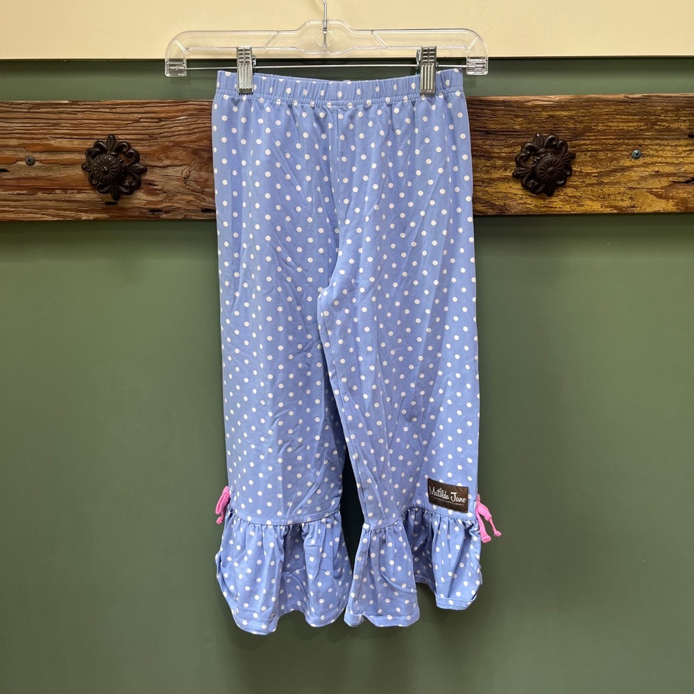Matilda Jane Girls Blue Polka Dot Ruffle Leggings Pink Tie Accent Size 6